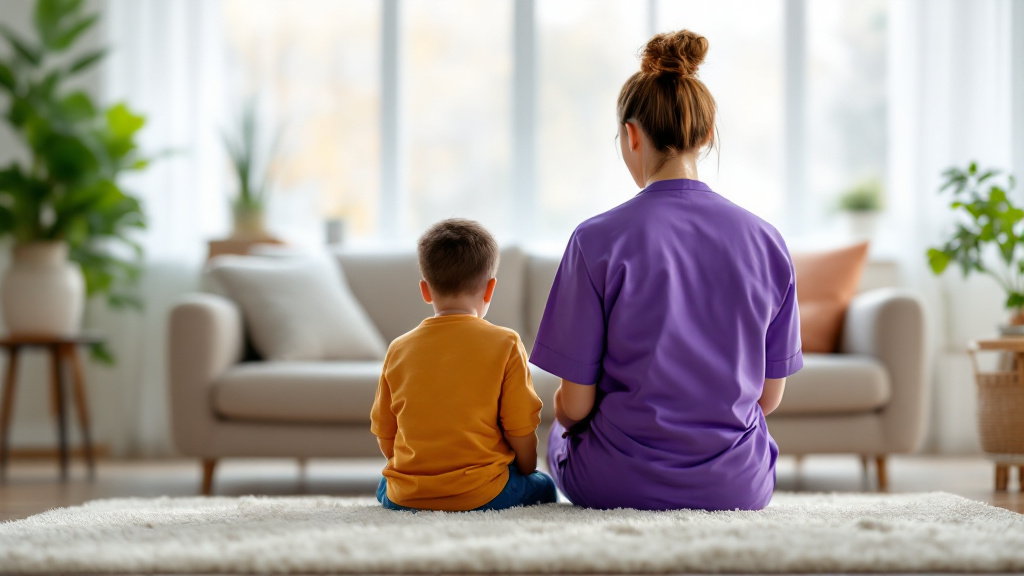 child with disabilities wearing normal clothing sat on a sofa with a nurse caring for them wearing a purple overall both have back to camera (1)