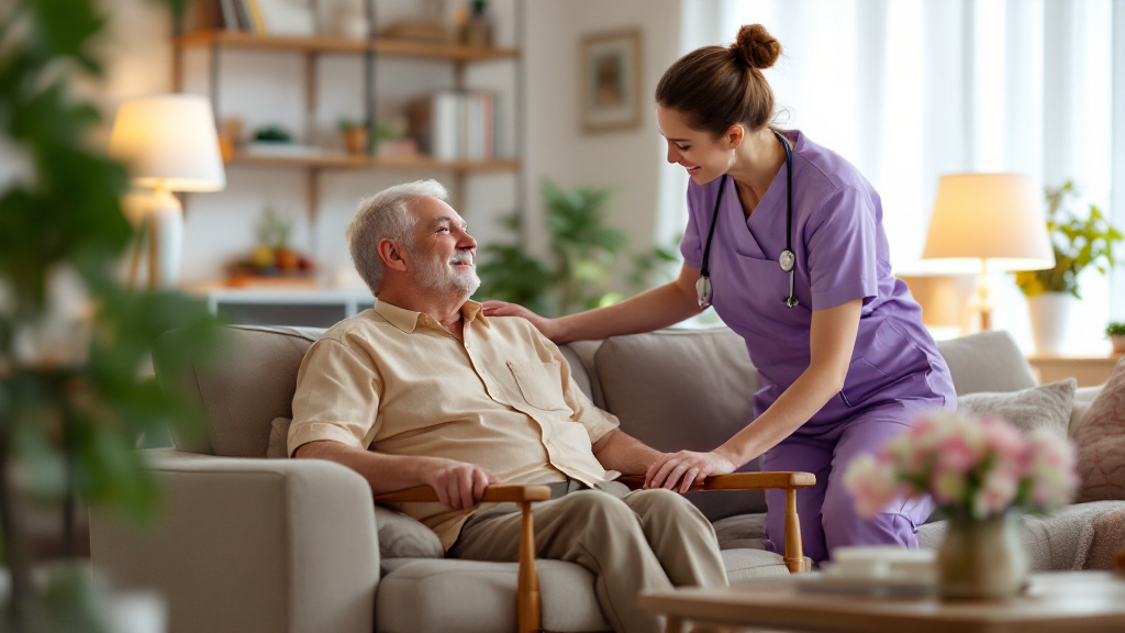 young adult in 30s with disabilities wearing normal clothing sat on a sofa with a nurse caring for them wearing a purple overall in a nice lounge of a care home