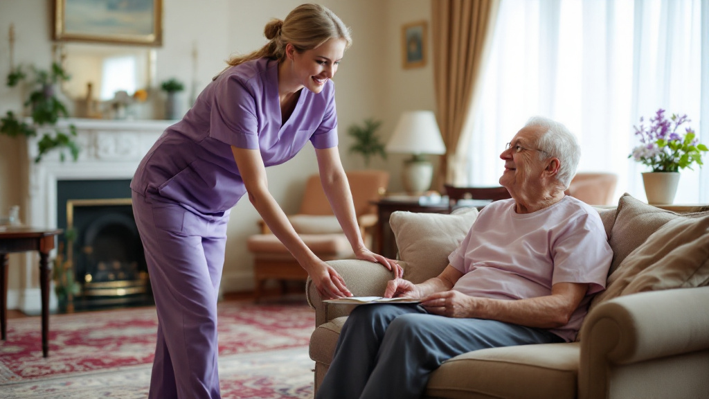 young adult in normal clothing sat on a sofa with a nurse caring for them wearing a purple overall in a nice lounge of a care home (1)