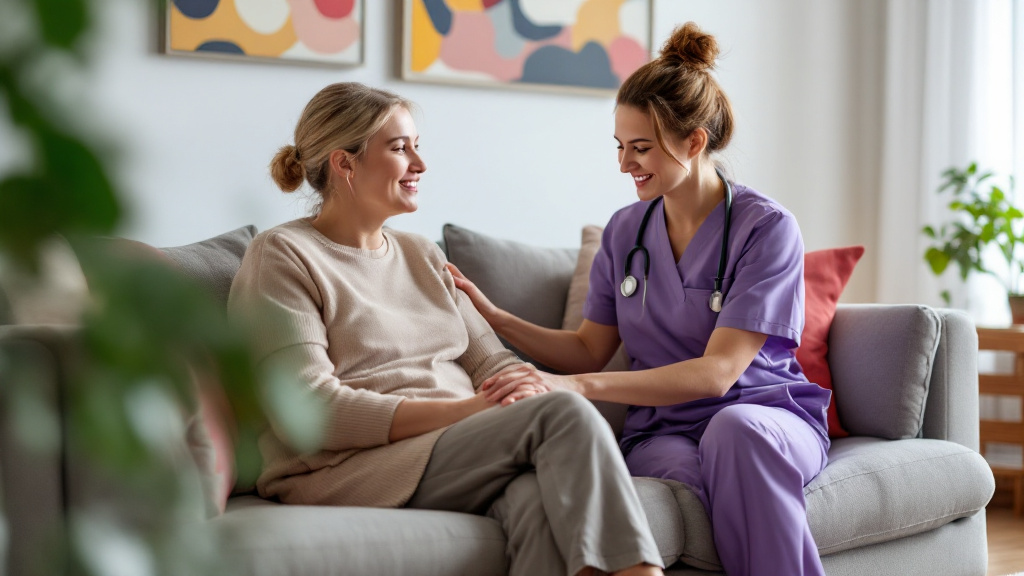 young adult in normal clothing sat on a sofa with a nurse caring for them wearing a purple overall in a nice lounge of a care home