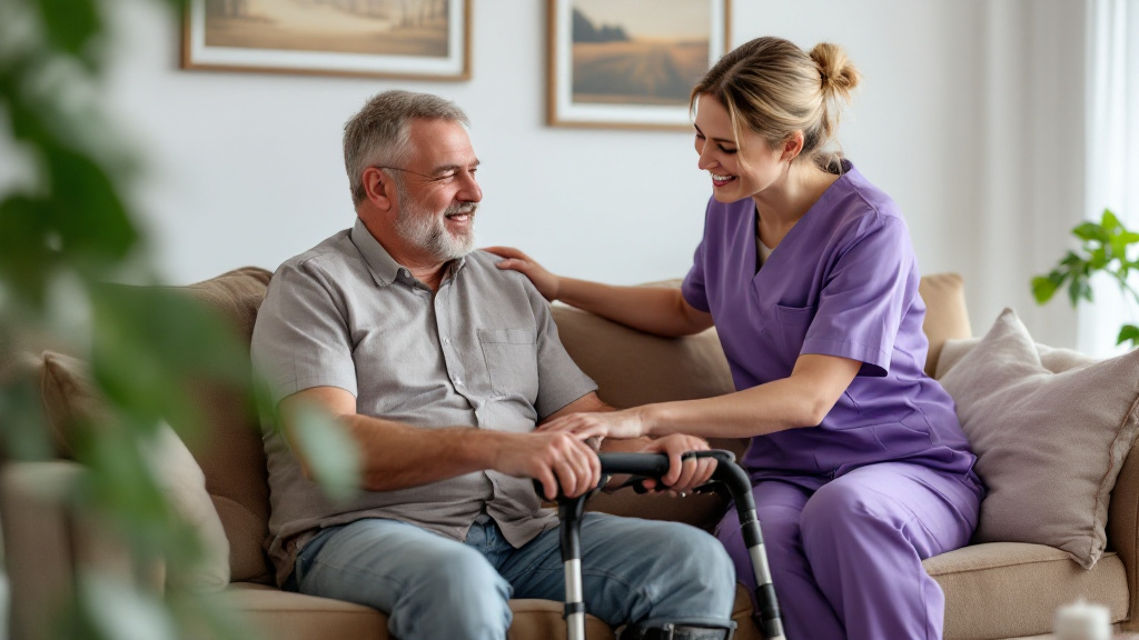 young man who is 30 with disabilities wearing normal clothing sat on a sofa with a nurse caring for them wearing a purple overall in a nice lounge of a care home